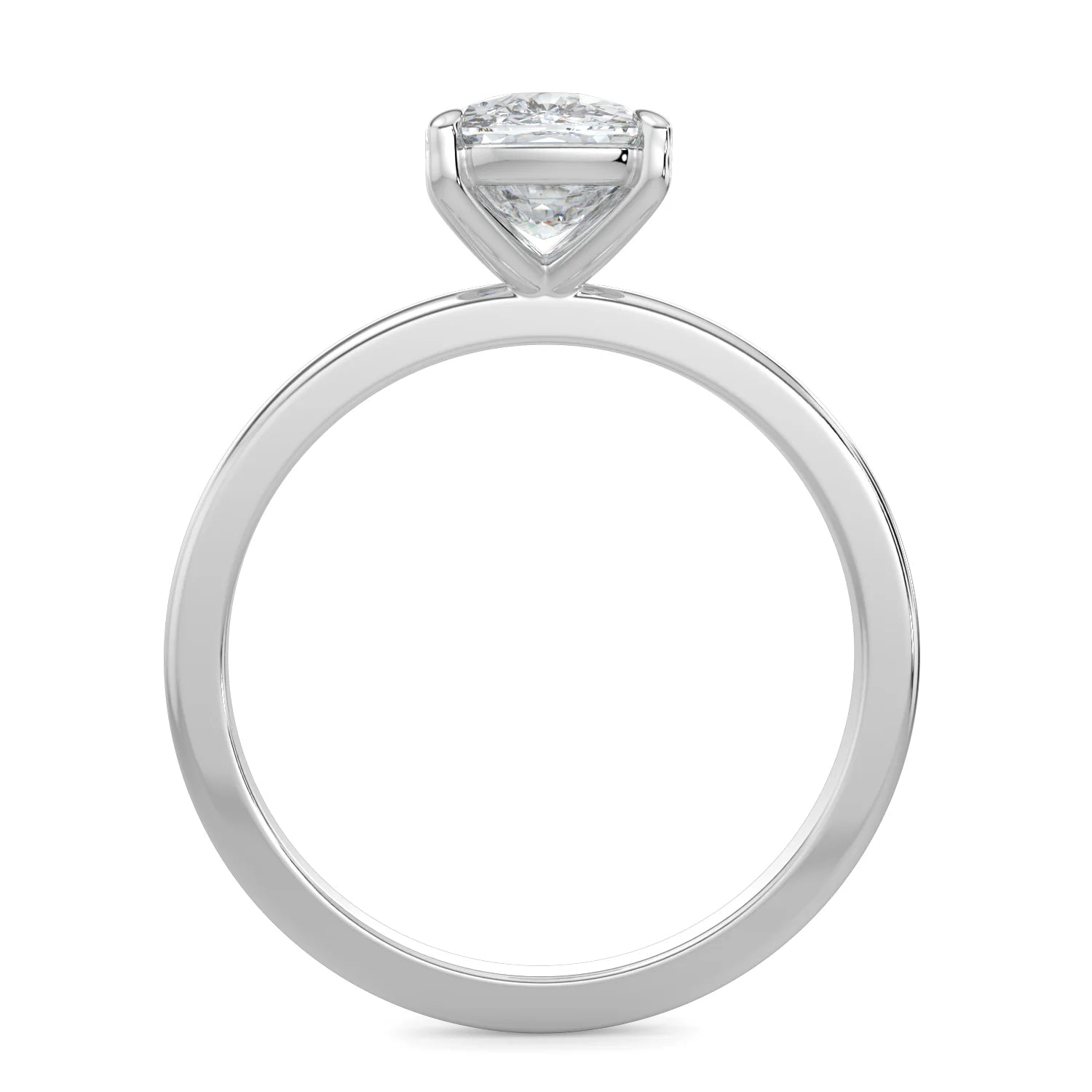 Front view of silver lab diamond ring featuring a diamond on round polished band in two prong setting.