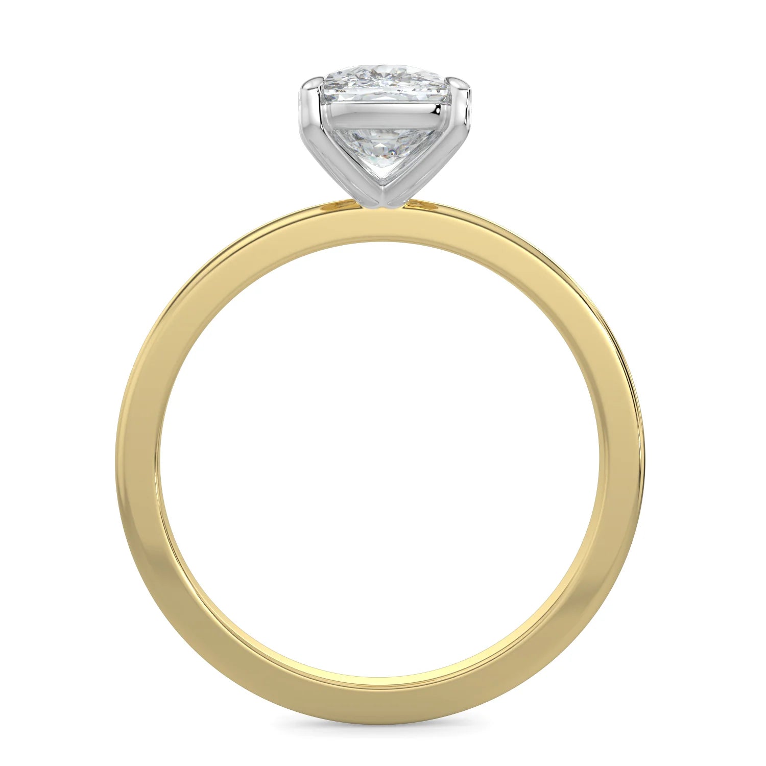 Front view of yellow lab diamond ring featuring a diamond on round polished band in two prong setting.