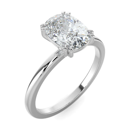 Angled view of a silver color lab grown diamond ring with oval cut diamond in eight-prong setting and  polished band.