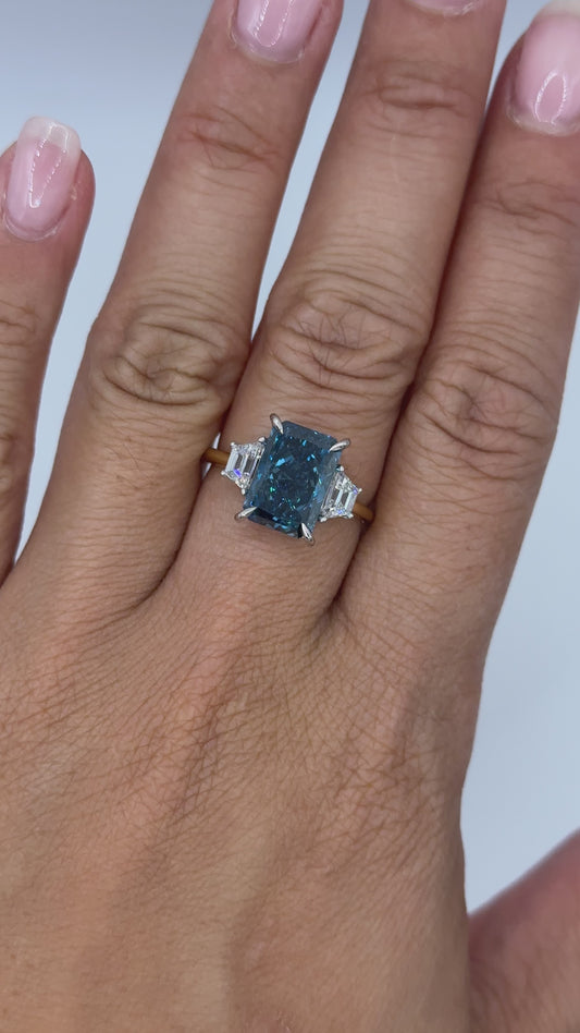 Coloured Blue 4ct Radiant Lab Diamond Trilogy Trapezoid 3 Stone ring 14K Two tone