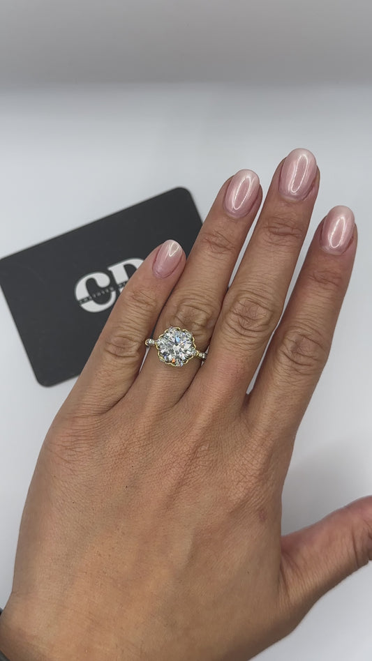 3ct Round Brilliant Custom Floral Design Heart Shaped Basket Mixed Metal Ring Lab Grown Diamond E VS1 18K White and Yellow Gold