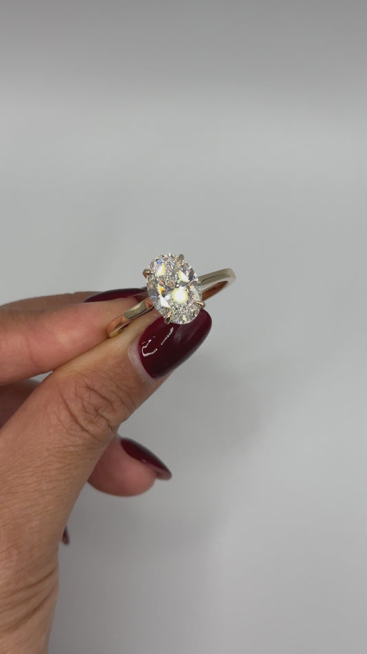 Lab Diamond Oval Cathedral Solitaire Engagement Ring with Hidden Halo 14K Yellow Gold 5ct