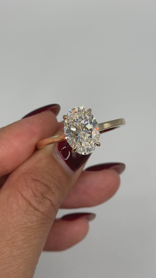 Lab Diamond Oval Cathedral Solitaire Engagement Ring with Hidden Halo 14K Yellow Gold 5ct