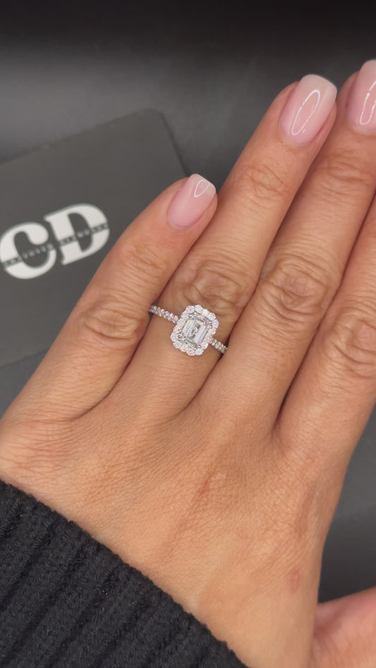 1ct Emerald Halo Lab Grown Diamond Ring E VS1 18K White Gold