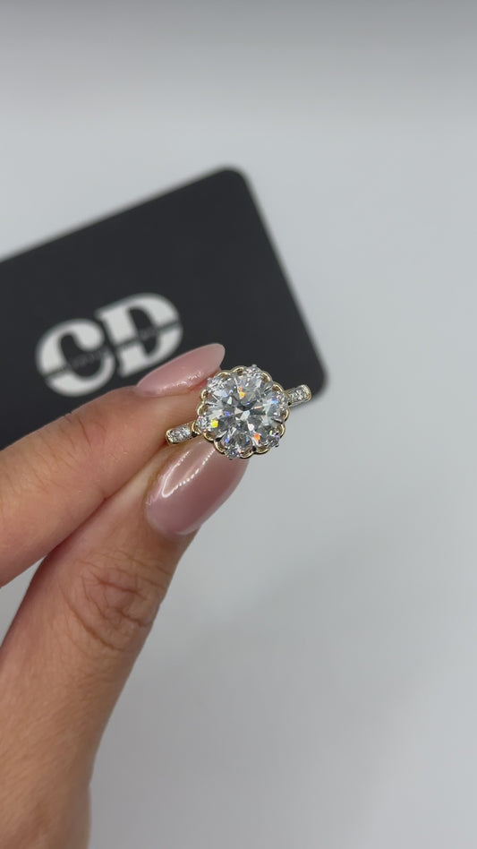 3ct Round Brilliant Custom Floral Design Heart Shaped Basket Mixed Metal Ring Lab Grown Diamond E VS1 18K White and Yellow Gold