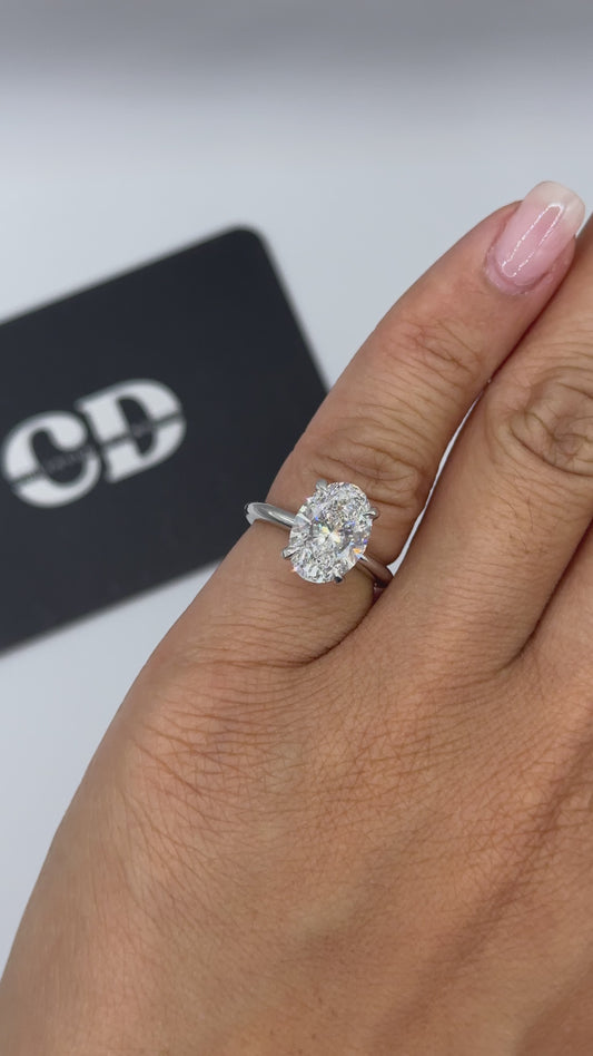 3ct Oval Classic Solitaire with Hidden halo Ring Lab Grown Diamond D VS1 18K White Gold