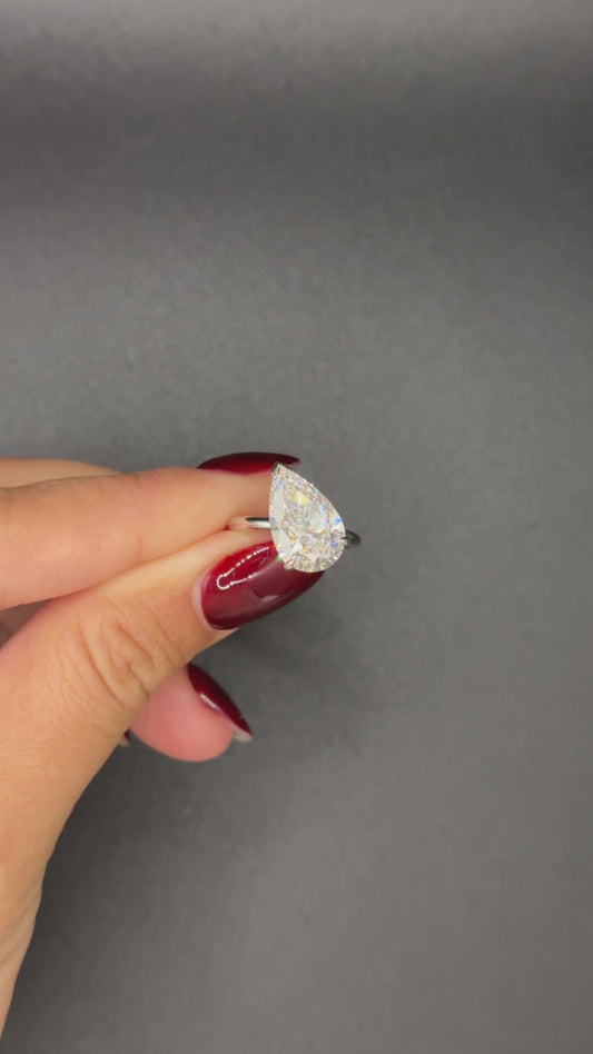 Lab Diamond Tilted Pear Engagement Ring 18K White Gold 4ct