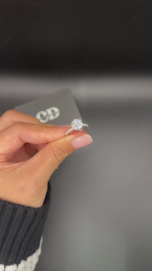 2ct Round Brilliant U cut Pave Band Lab Grown Diamond Ring E VS1 18K White Gold